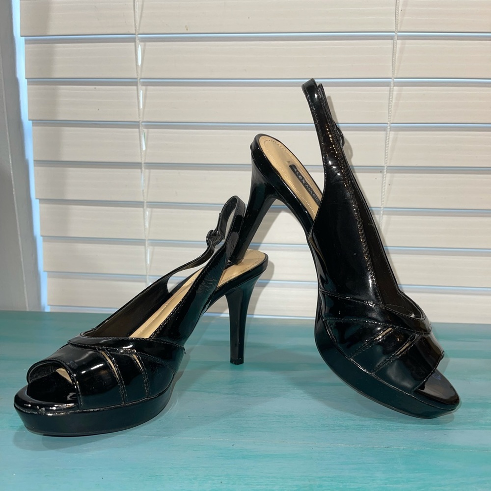 Alex Marie peep toe sling, patent leather heel.